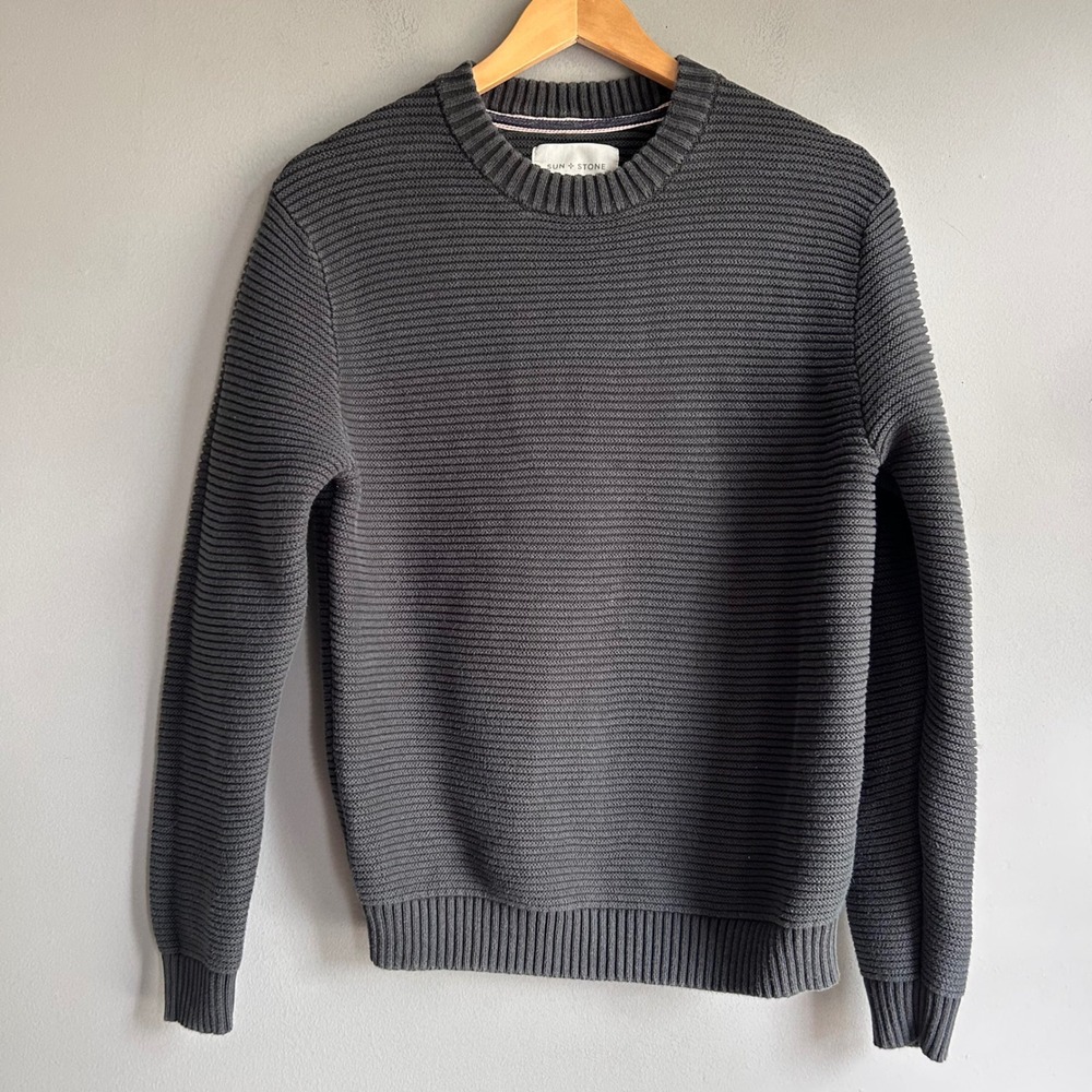 Sun + Stone Mens Ribbed Crewneck Sweater Charcoal Gray Cotton Size S 100188523